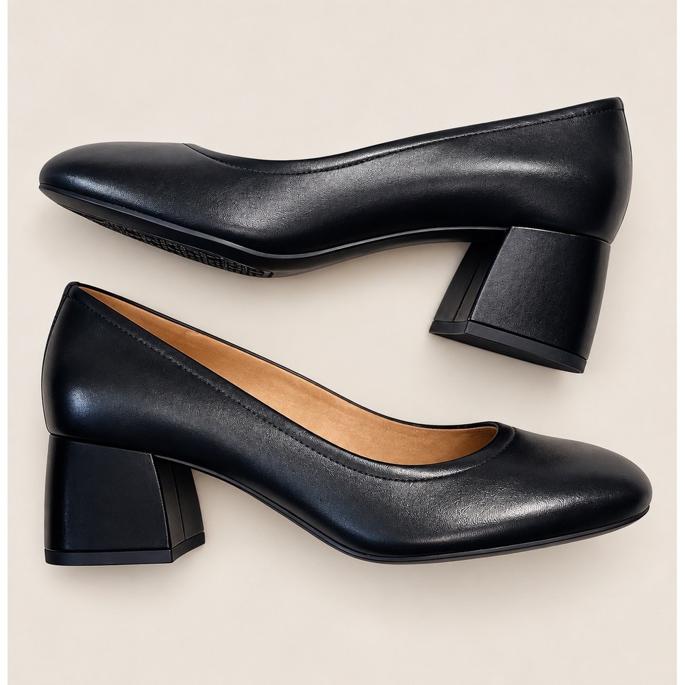 Vionic NWB Carmel Black Nappa Leather Block Heel Orthotic Pumps Size 8.5 Wide